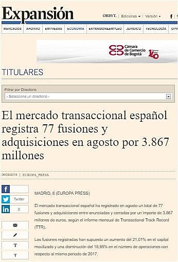 El mercado transaccional espaol registra 77 fusiones y adquisiciones en agosto por 3.867 millones